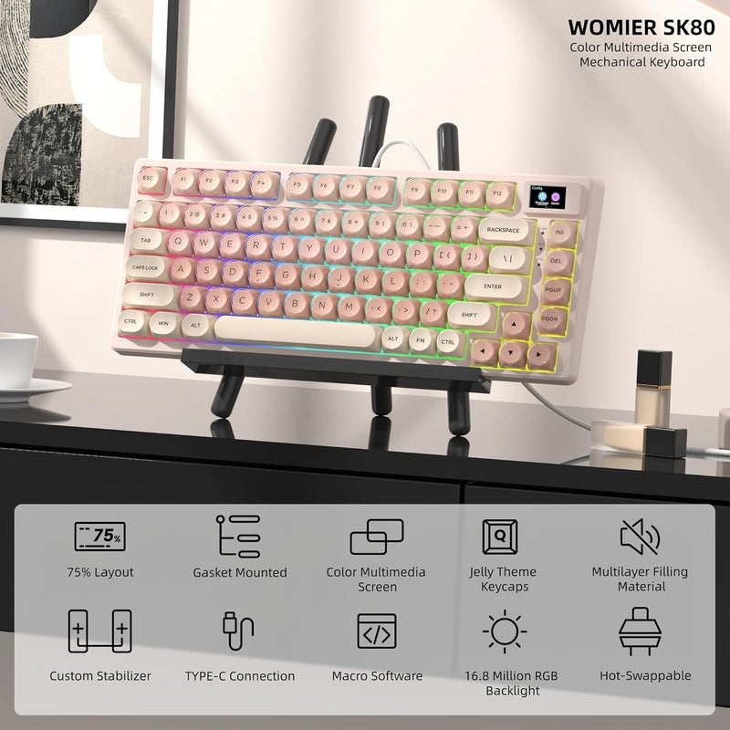 Womier SK80 75% Mechanical Gaming Keyboard with Color Multimedia Display Pink Creamy Keyboards Jelly Wired, Hot Swappable Gasket Mount RGB Key Board Pre-lubed POM Switch for Mac/Win, Pink Foundation - Image 4